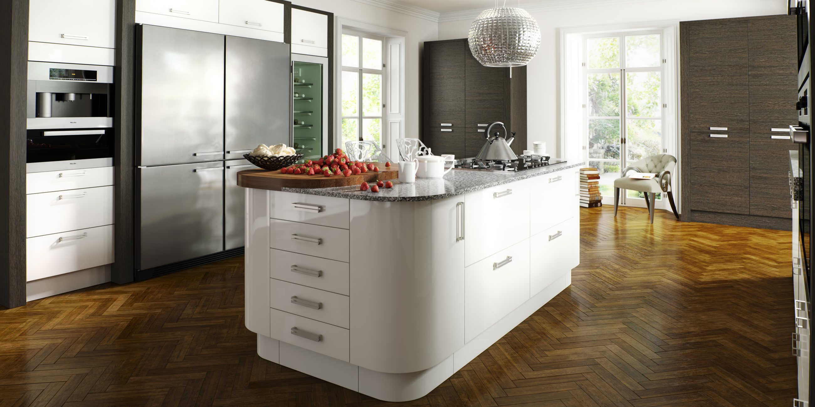 A white gloss island kitchen with dark oak tall units and herringbone parquet flooring